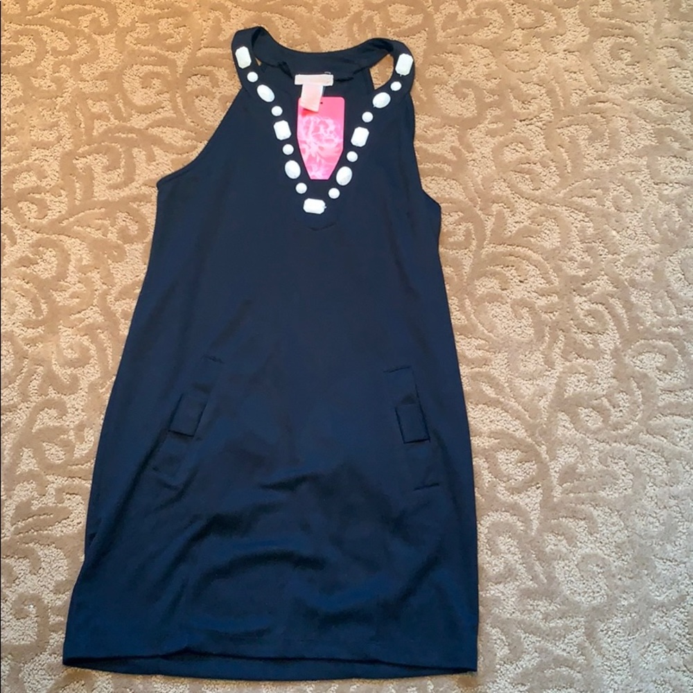 oneclothing black dress pockets white gems low cut